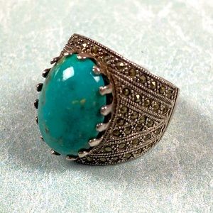 Turquoise and marcasite cigar band .925 sterling silver ring size 9